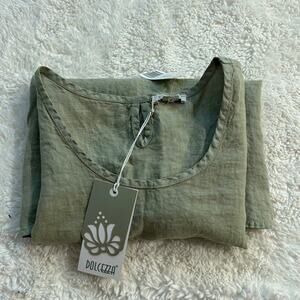 Dolcezza Sleeveless 100% Linen Shirt Womens 2XL Sage Beachy Artsy Lagenlook